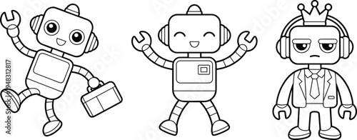 Cute cartoon robot coloring page set with outline characters, happy robotic droid illustrations for kids activity book, isolated vector line art graphics.