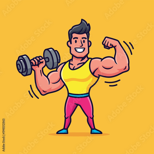 Strong Man Flexing Bicep and Holding Dumbbell in Cartoon Style.