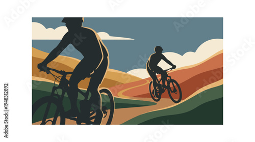 Two mountain bikers on a winding trail in a vibrant, minimalist landscape