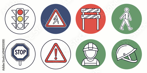 a set of eight circular road and construction warning signs Vector
