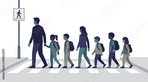 Diverse group of children and adults crossing street at pedestrian crosswalk