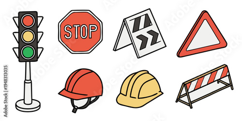 a collection of roadwork and construction signs and safety equipment Vector