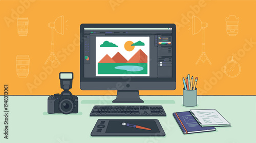 Illustrative flat lay of a graphic designer and photographer's workstation