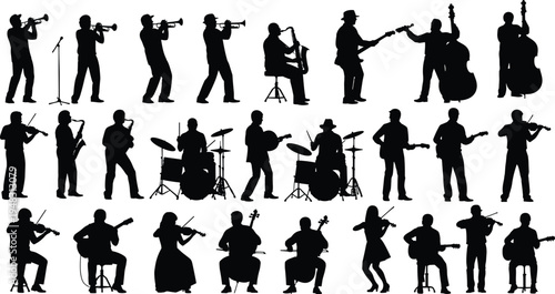 Musician silhouette vector illustration featuring diverse performers with instruments, jazz band, orchestra, concert stage, music ensemble, entertainment, artistic performance