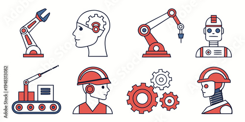 Industrial robots and workers with engineering tools and equipment icons Vector