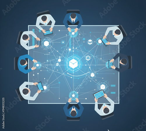 Digital business meeting with professionals collaborating around a table, connected by a central secure data network. Symbolizing innovative information exchange and strategic technological solutions