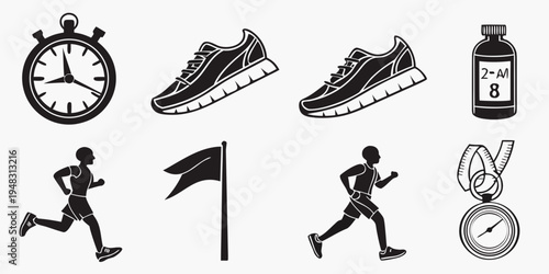 a collection of running icons including a stopwatch and athletic shoes Vector