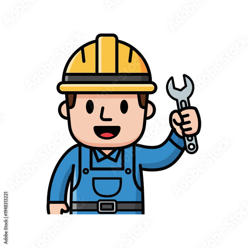 Cartoon construction worker holding a wrench, ready for repairs.