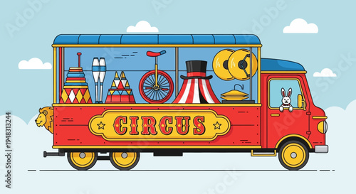 American circus performers travel on a colorful truck on a sunny day