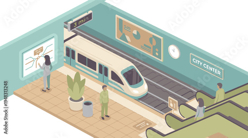 Modern subway station with a train and commuters, isometric city transport