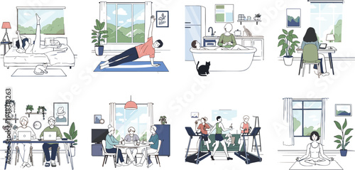 Daily lifestyle routine set with people doing yoga exercise working from home eating together and relaxing in bathroom for healthy wellness vector.
