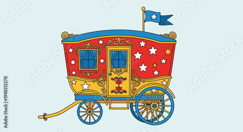 American circus performer rides colorful wagon on a sunny day