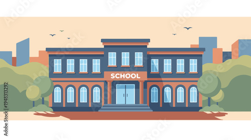 Flat design illustration of a school building in an urban setting with trees