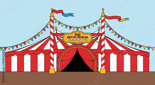 The American circus tent stands under a bright sunny day outdoors.