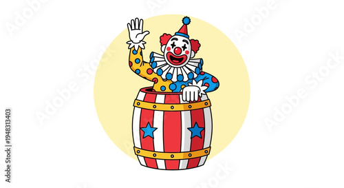 American circus performer waves from a barrel on a sunny day