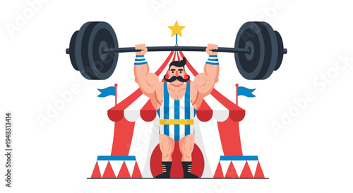 American strongman lifts weights at a vibrant circus on a sunny day