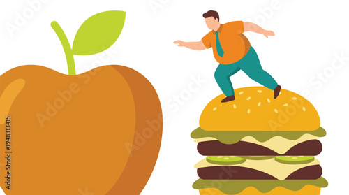 Healthy vs. unhealthy food choice concept with man on burger and apple