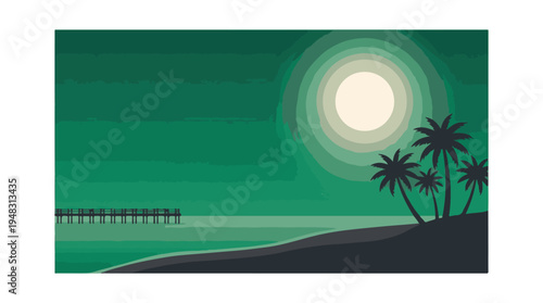 Tropical beach at night with pier and palm trees under a full moon