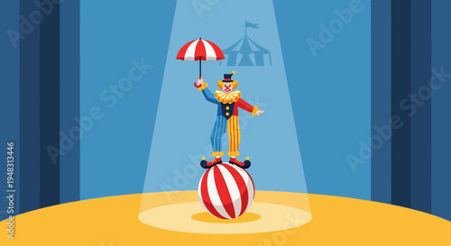 American circus performer balances on ball on a sunny day
