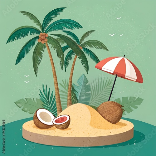 Tropical Island Beach with Palm Trees, Coconut and Umbrella ,Summer Vacation Vector Illustration on the green background.