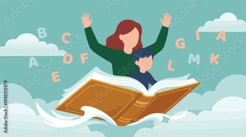 Mother and child flying on an open book, surrounded by alphabet letters and clouds