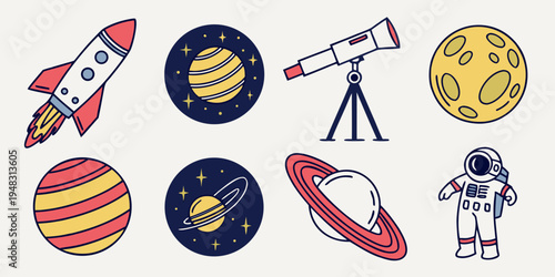 a set of space icons including a rocket and planets Vector