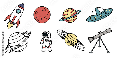 a collection of cartoon space objects and an astronaut Vector