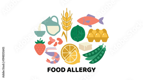Food allergy concept with common allergen ingredients illustration