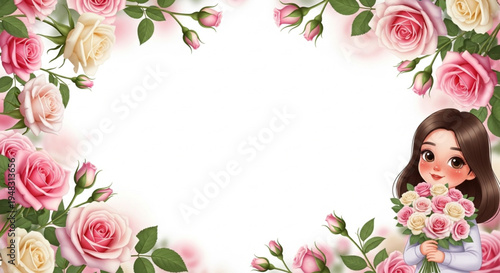 Wallpaper with a rose border, an elegant frame around a pure white background, to the right of the image an adorable cartoon girl holding a bouquet of roses.