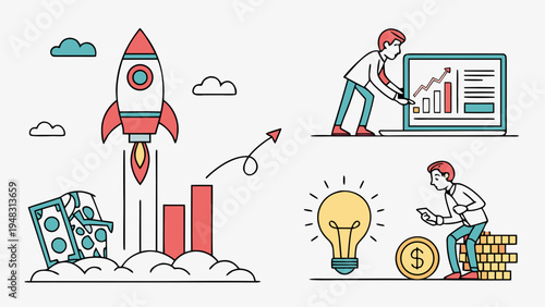 business growth and finance concept with rocket and people Vector