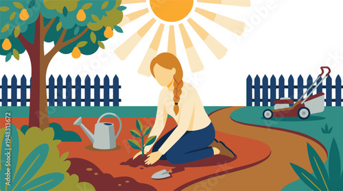 Woman planting a sapling in a vibrant sunny garden, home gardening