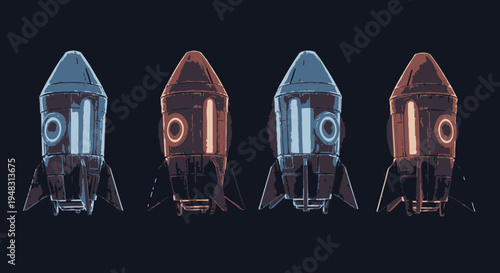 Retro Space Rockets Set, Vintage Sci-Fi Illustration