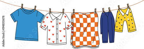Hand drawn illustration of colorful laundry hanging on clothesline with blue tshirt heart shirt checkered blanket blue jumpsuit and yellow patterned shorts outside