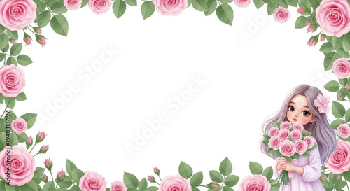Wallpaper with a rose border, an elegant frame around a pure white background, to the right of the image an adorable cartoon girl holding a bouquet of roses.