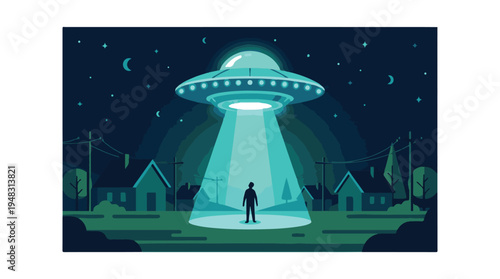 UFO beaming light onto a person in a quiet suburban neighborhood at night