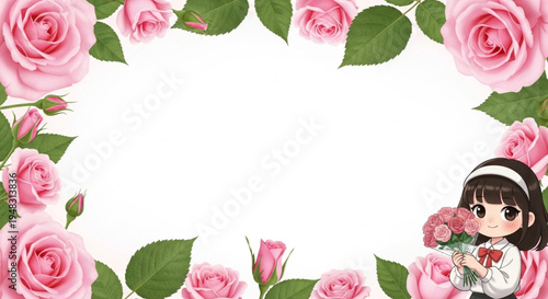 Wallpaper with a floral border, realistic pink roses and green leaves forming a soft frame on a white background, with an adorable cartoon girl holding a bouquet of roses on the right.