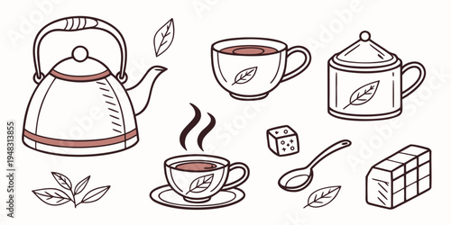 a collection of tea time items including kettle and cup Vector