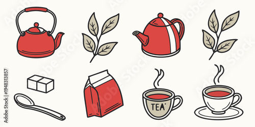 a set of tea icons with kettle, leaves, sugar, milk, and cups Vector