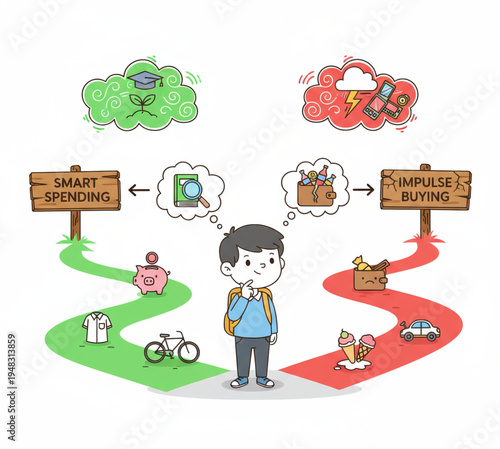 Navigating financial crossroads A thoughtful individual weighing the long-term benefits of smart spending against the immediate temptations and future challenges of impulsive consumption