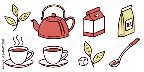 a collection of tea and coffee items on a white background Vector