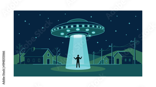 UFO Abduction Scene at Night with Glowing Beam and Human Silhouette