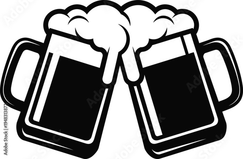 Two clinking beer mugs with foamy heads in a celebratory toast