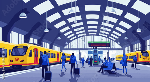 Vector illustration of people at train station with yellow trains