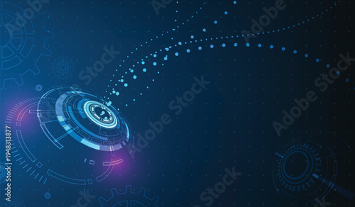 Futuristic technological interface with glowing HUD and rotating gears representing innovation and advanced systems