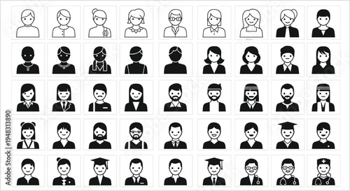 Diverse People Avatar Icon Set Collection Simple Flat Line and Solid Business Profile Characters Isolated Vector Illustration Pack
