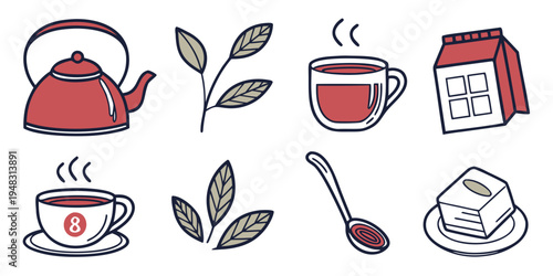 a set of tea and coffee icons with leaves and a house Vector