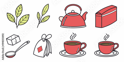a collection of tea related items and ingredients Vector