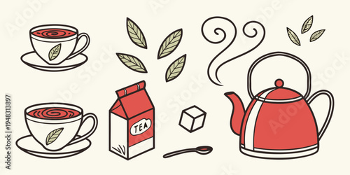 a red tea kettle and cups with tea and milk Vector