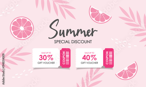 Summer Special Discount Coupon with Tropical Fruits and Leaves, Season summer Sale coupon. Sale flat template Tickets. For sale coupon. Minimalist pink coupon.