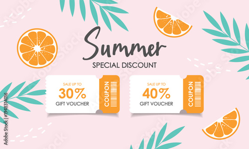 Summer Special Discount Coupon with Tropical Fruits and Leaves, Season summer Sale coupon. Sale flat template Tickets. For sale coupon. Minimalist pink coupon.